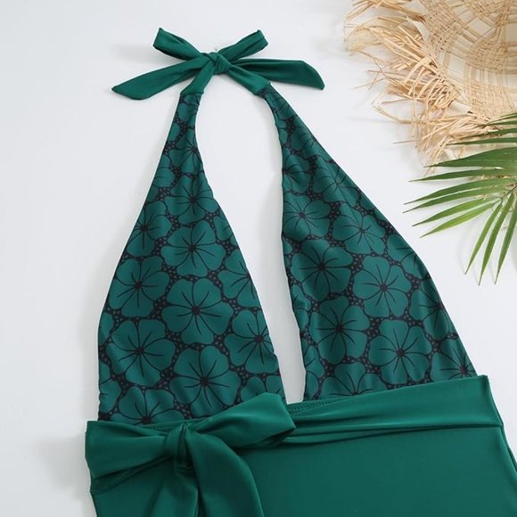 NEW! Women's XL Floral Print Halter Top Sash Tie Waist Bathing Suit Swimsuit - Picture 4 of 6